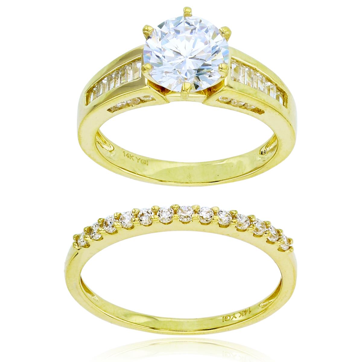 14K Yellow Gold 8mm Rd CZ Grad Baguette Sides Engagement & Paved Band Duo Ring Set