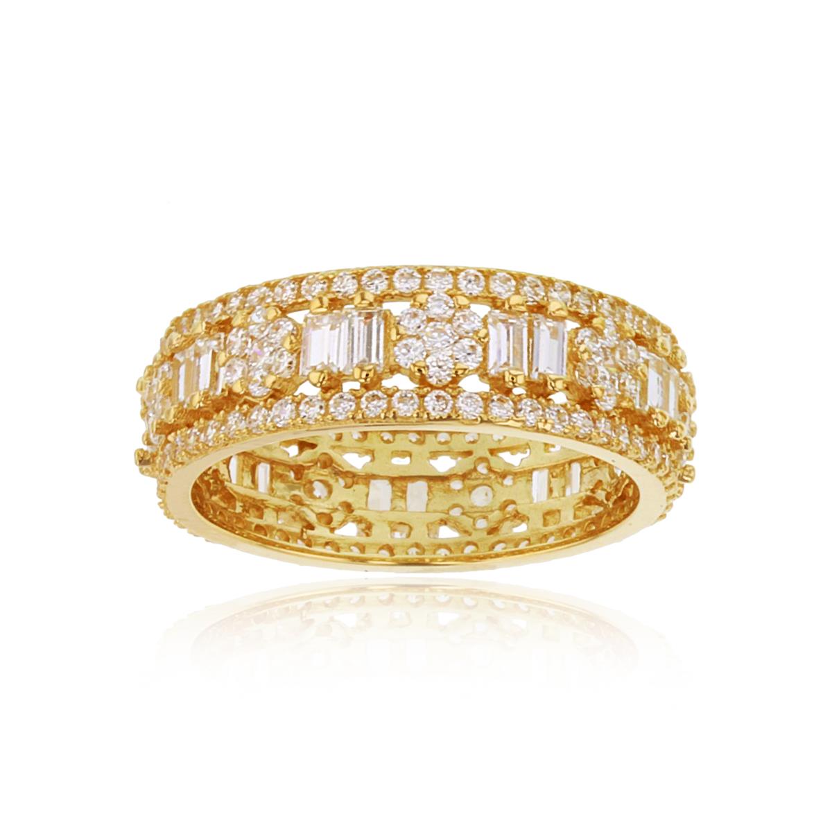 14K Yellow Gold Round & Baguette CZ Clusters Eternity Ring