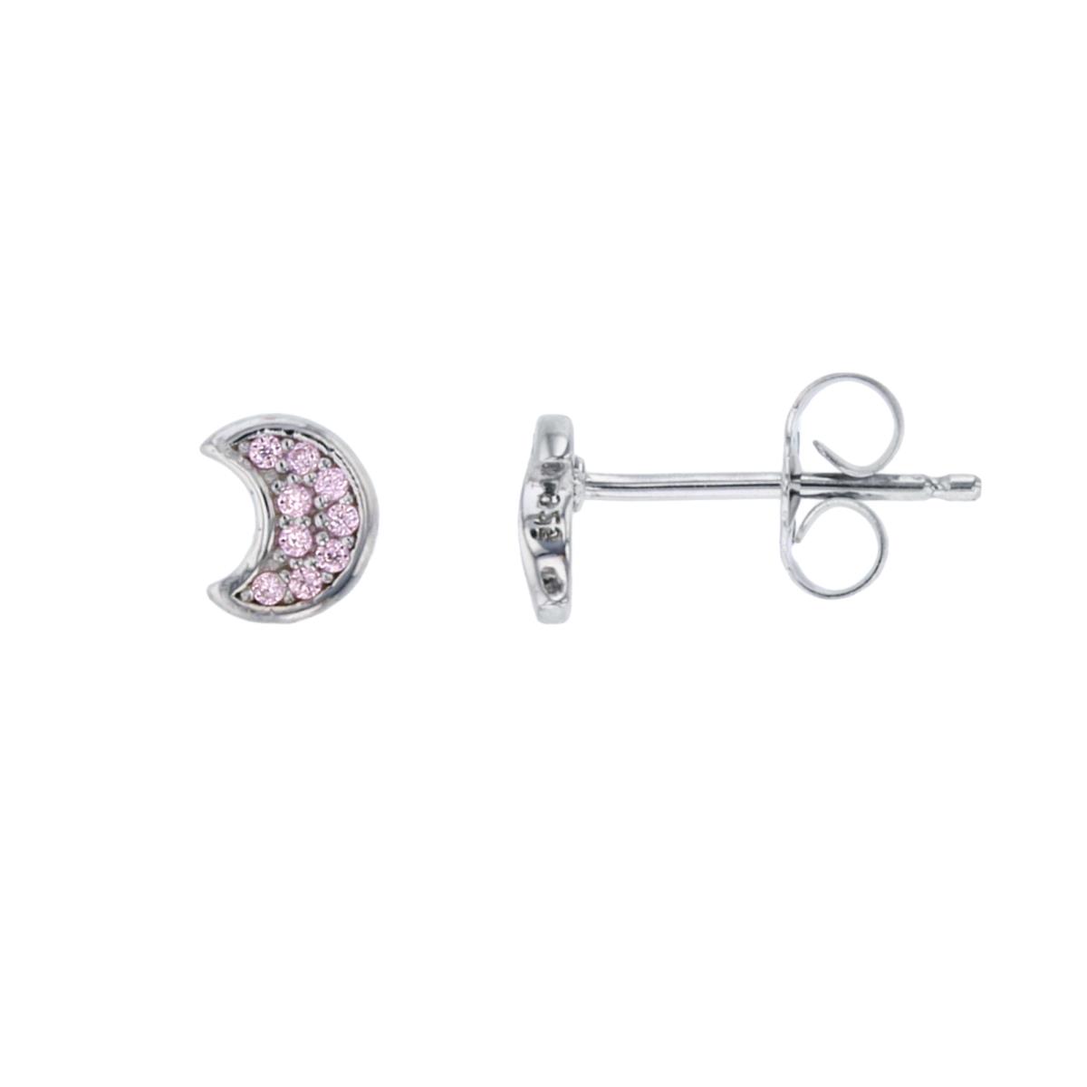 Sterling Silver Rhodium Rnd Pink CZ Micropave Moon Studs