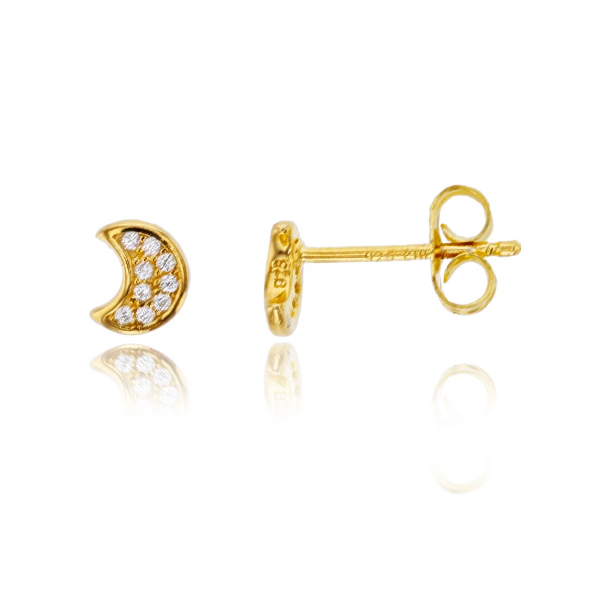 Sterling Silver 1Micron Yellow Gold Rnd White CZ Micropave Moon Studs