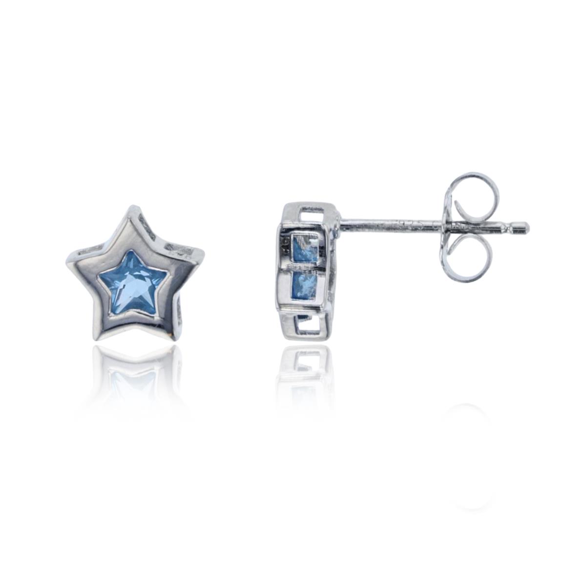 Sterling Silver Rhodium 5mm Star-shape #119 Light Blue CZ Bezel Star Studs