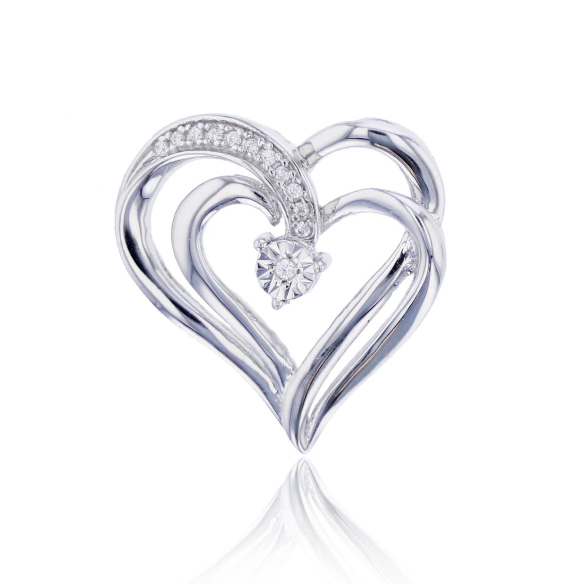 Sterling Silver Rhodium Rnd CZ Double Hearts wirh Miracle Plate Pendant