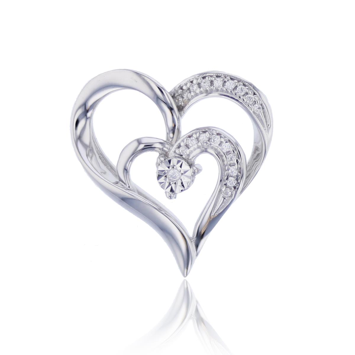 Sterling Silver Rhodium 0.06 CTTW Rnd Diamonds Double Open Hearts with Miracle Plate Pendant