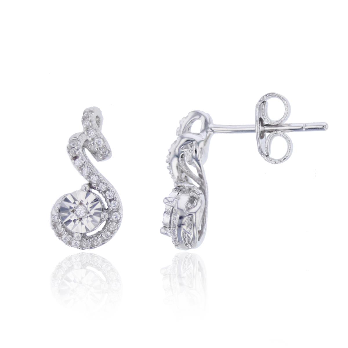 Sterling Silver Rhodium 0.14 CTTW Rnd Diamonds Swirl Stud Earring with Miracle Plate