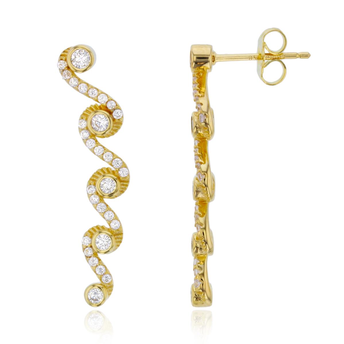 Sterling Silver 1Micron 14K Yellow Gold Rnd CZ Swirl Graduated Bezel Vertical Earring