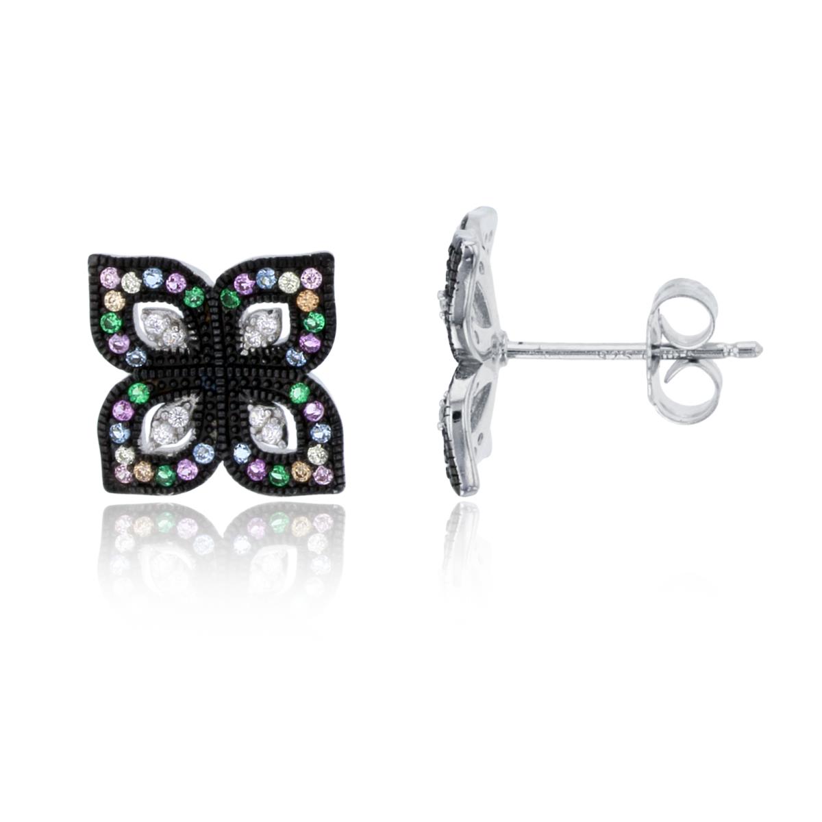 Sterling Silver Two-Tone  Multicolor Rnd CZ Millgrain Clover Studs