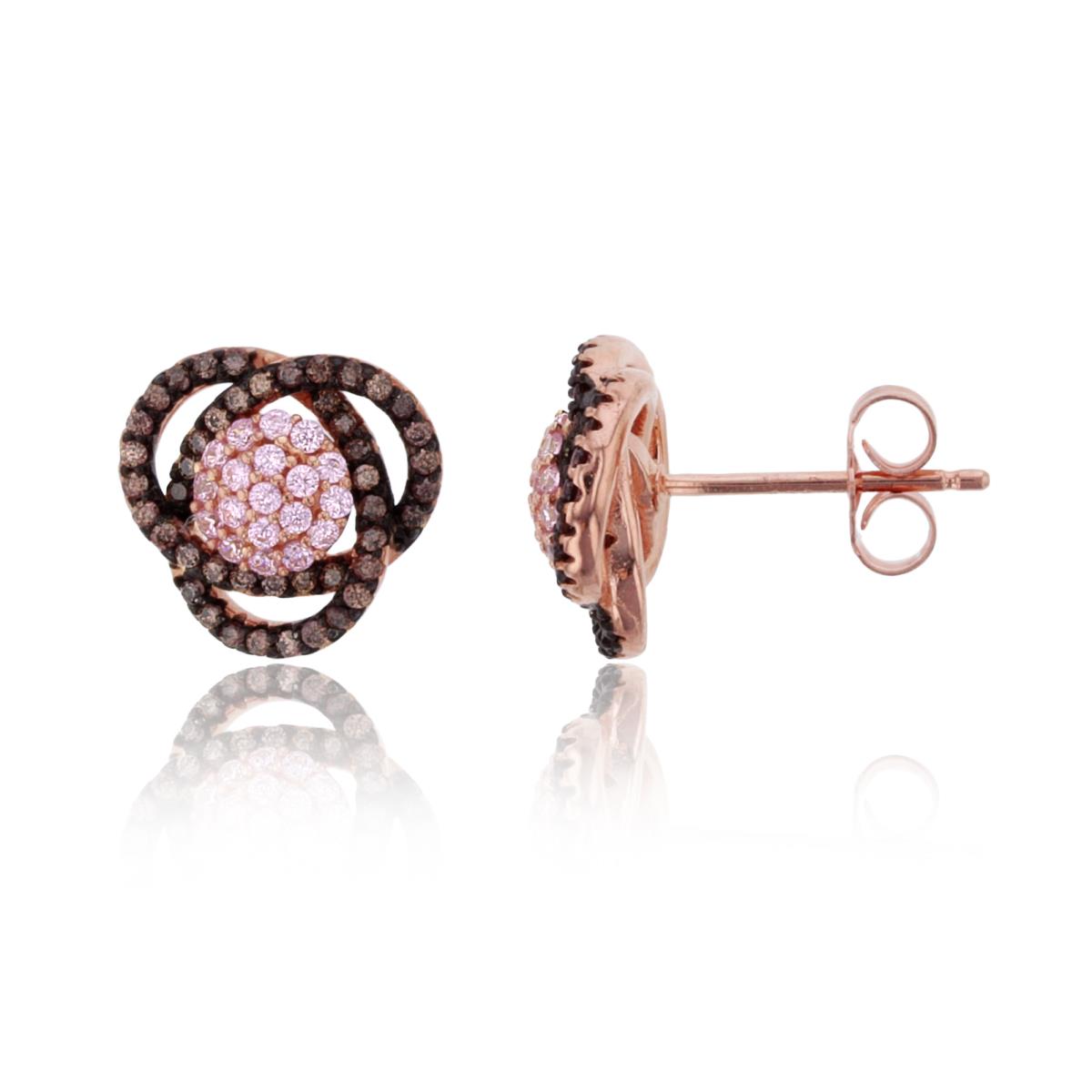 Sterling Silver 1Micron 14K Two-Tone Gold Brown & Pink Rnd CZ Knot Studs