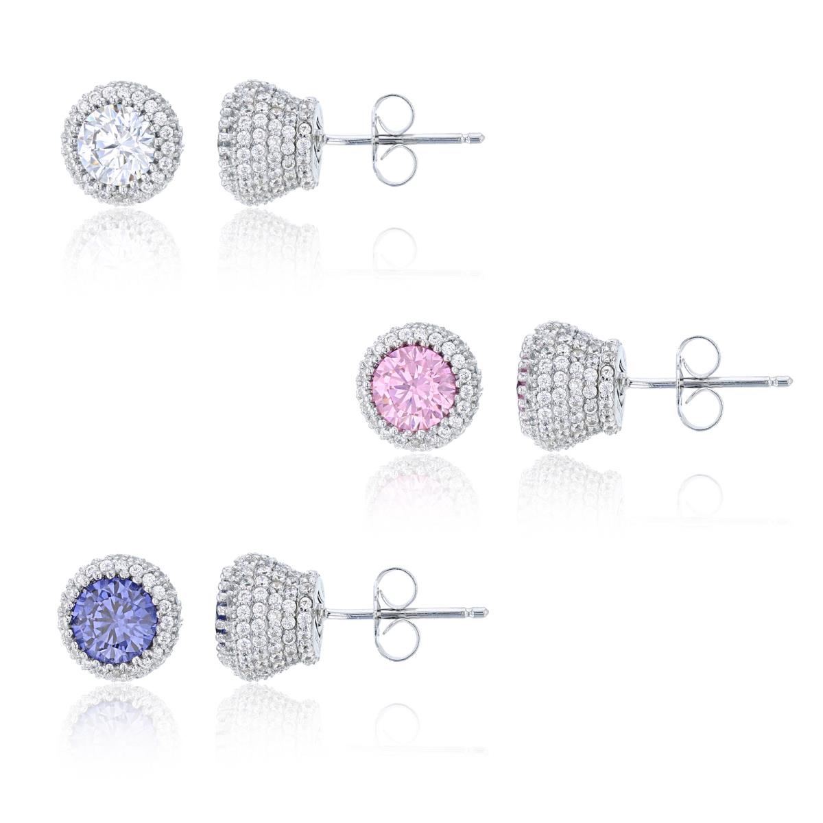Sterling Silver Rhodium 6mm White, Pink & Tanzanite Round Cut CZ Micropave Stud Earrings Set