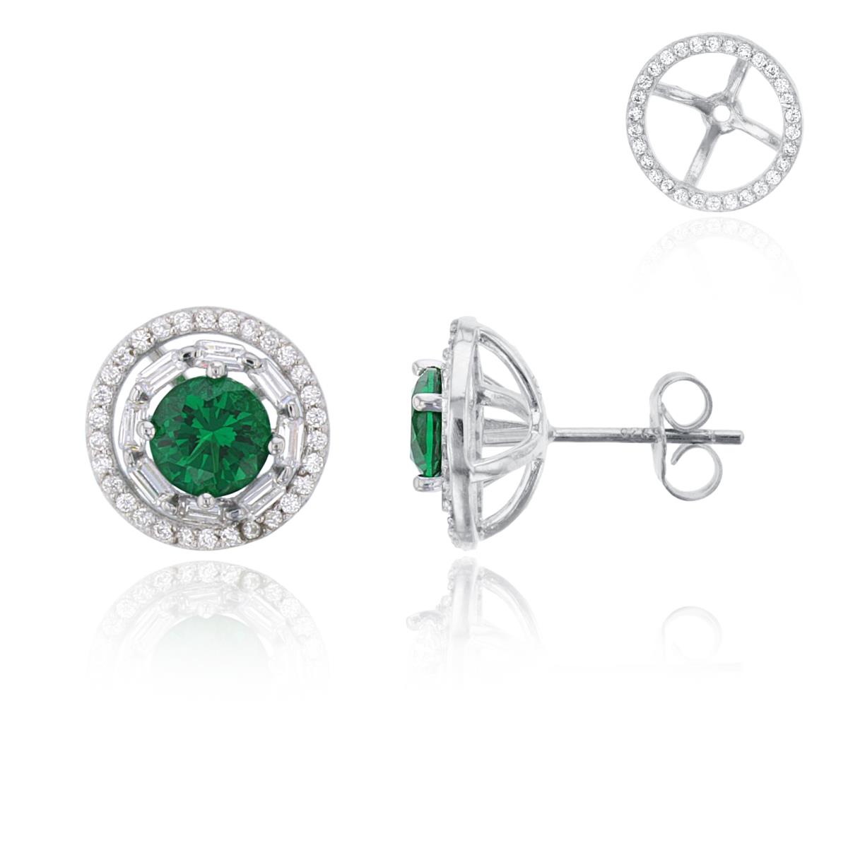 Sterling Silver Rhodium 6mm Rnd Green & SB/Rnd  White Stone Halo Studs with Jacket