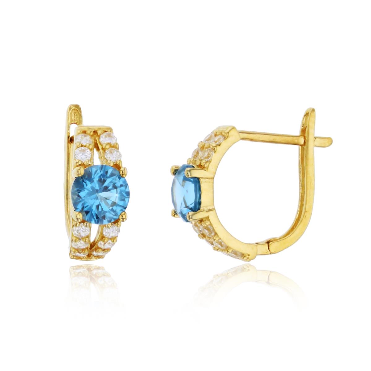 14K Yellow Gold 5mm London Blue Round & White CZ Latchback Huggie Earring