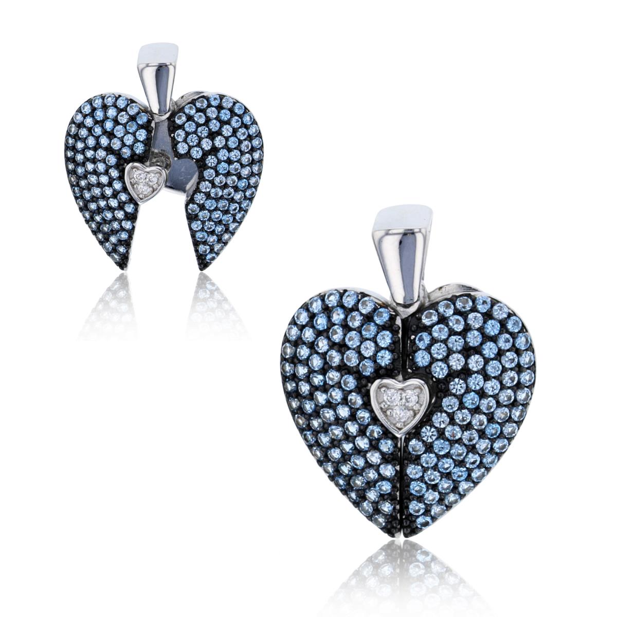 Sterling Silver Two-Tone Rnd Light Blue Spinel & White CZ Opening Devided Heart Pendant