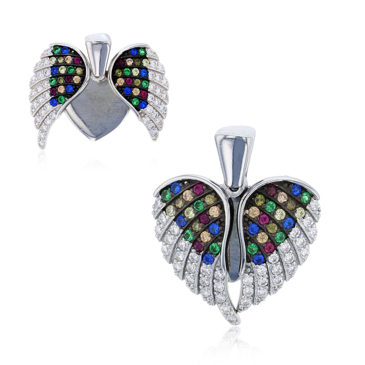 Sterling Silver Rhodium Rnd White & Multicolor CZ Micropave Movable Wings Pendant