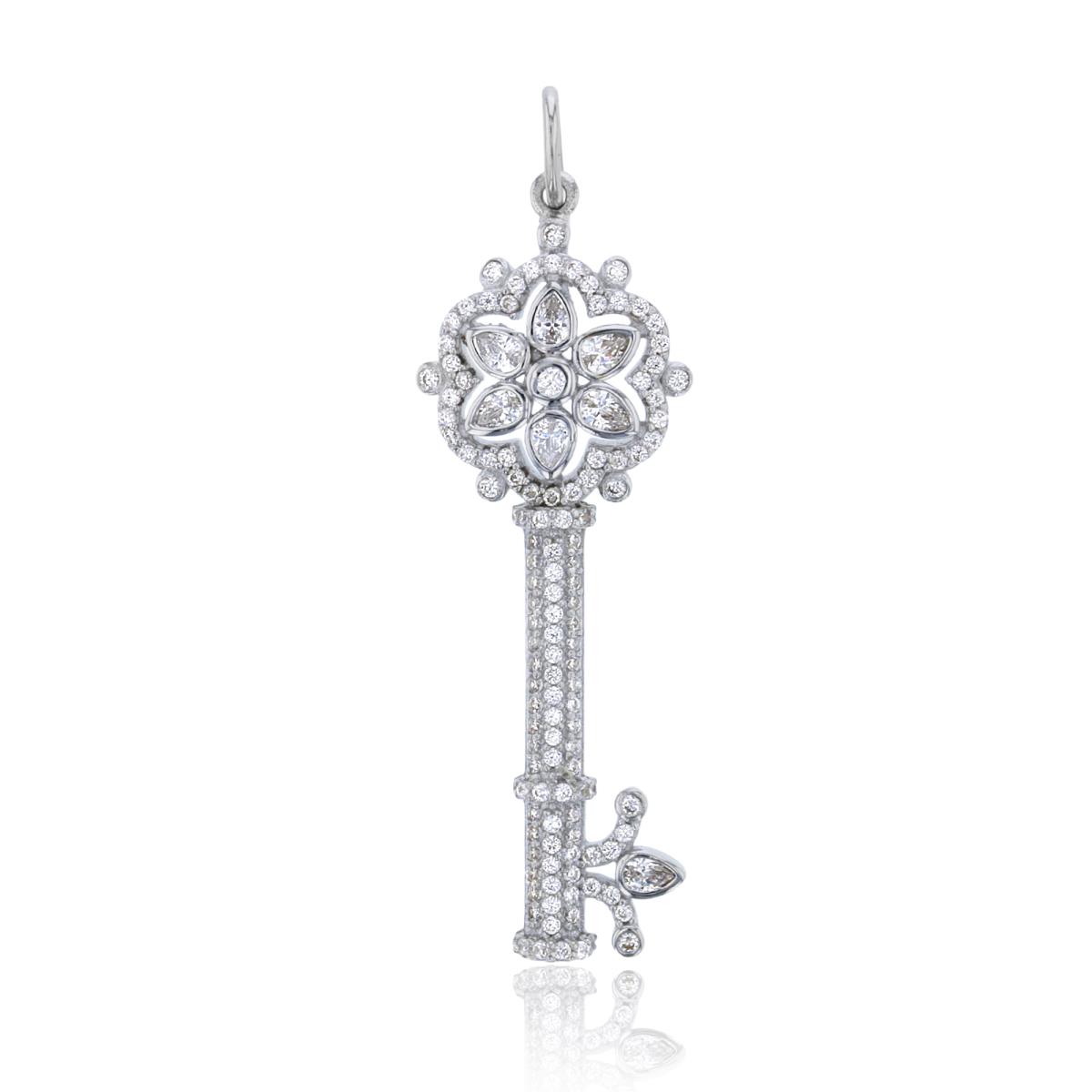 Sterling Silver Rhodium PS/Rnd White CZ Bezel Flower Top Fashion Key Pendant