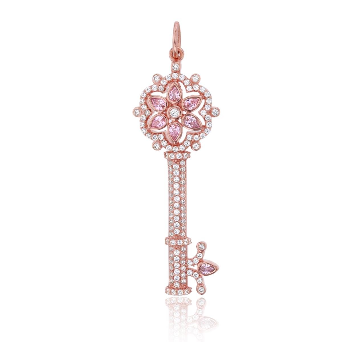 Sterling Silver 1Micron Rose Gold PS Pink & Rnd White CZ Bezel Flower Top Fashion Key Pendant