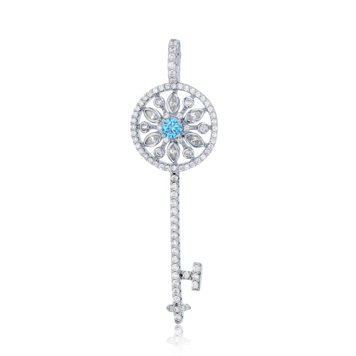Sterling Silver Rhodium MQ & Rnd Blue #22/ White CZ Bezel Flower Top Fashion Key Pendant