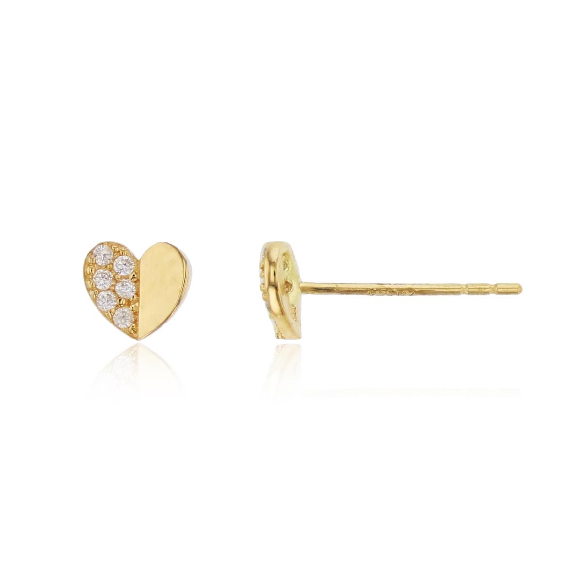 10K Yellow Gold Half Polished Half Paved Heart Stud Earring (No Back)