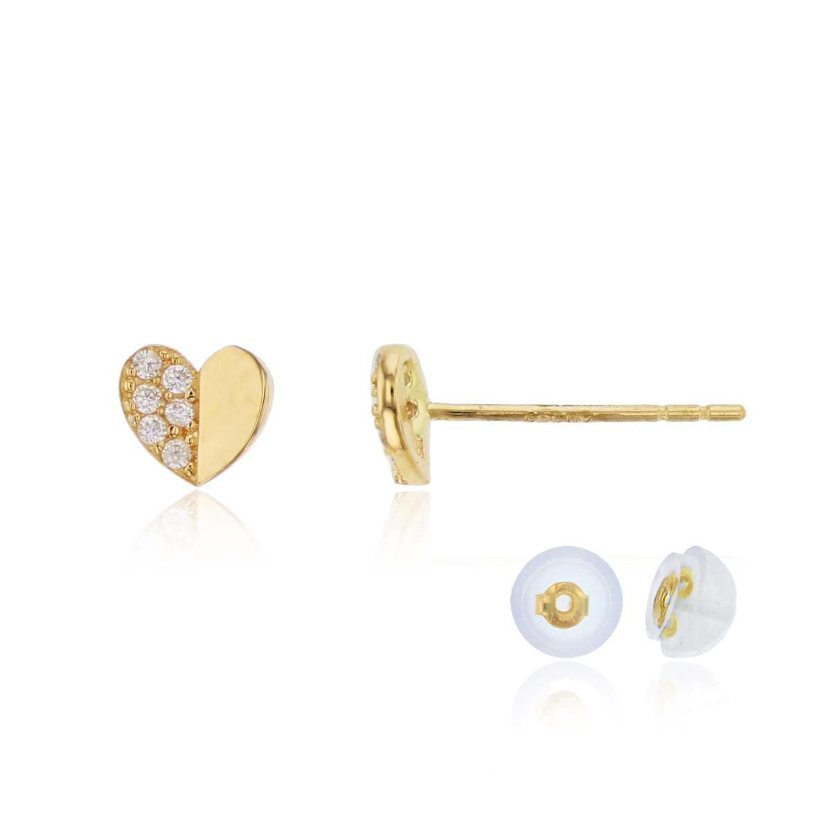 10K Yellow Gold Half Polished Half Paved Heart Stud Earring with Silicone Back