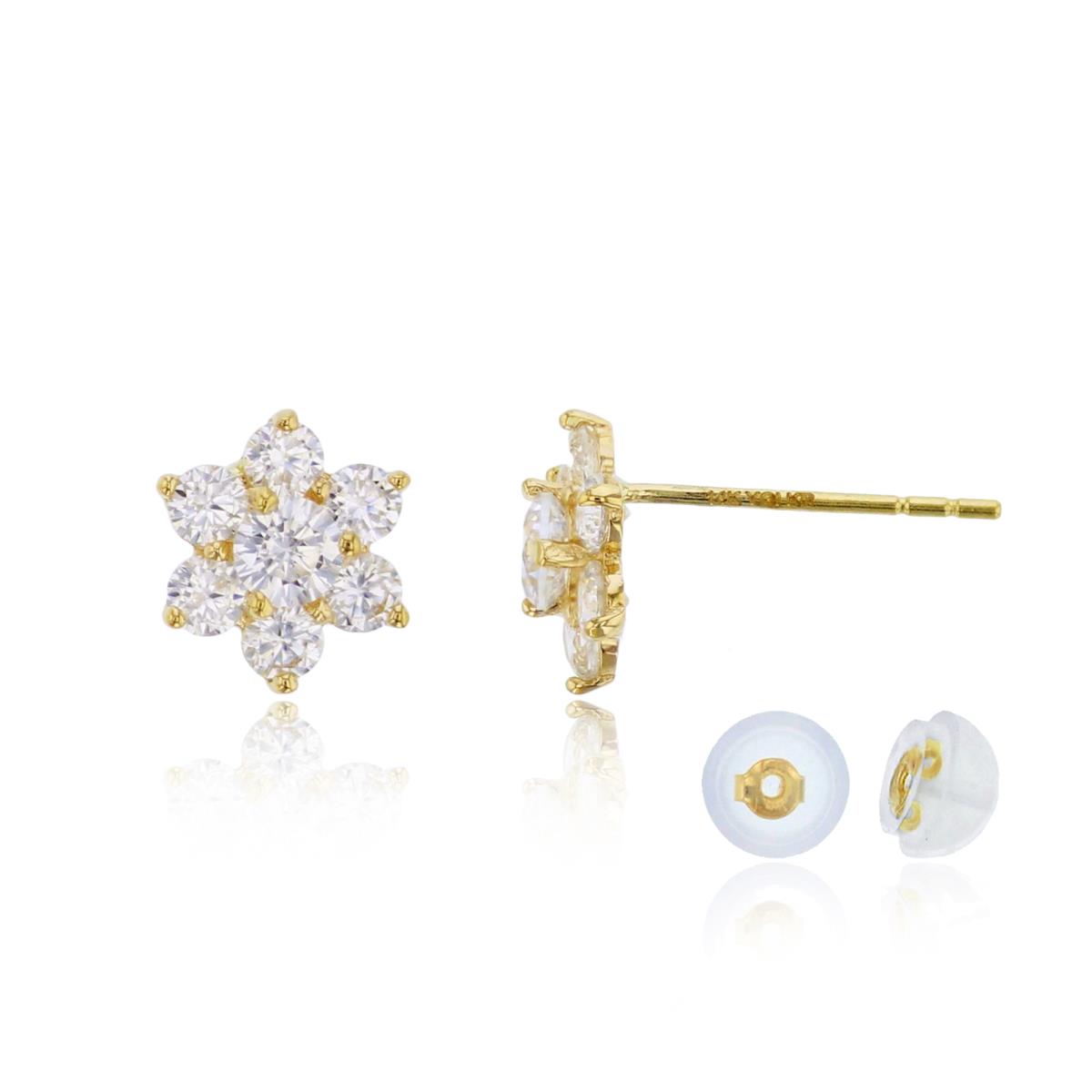10K Yellow Gold 3mm Round Cut Center Flower Stud Earring with Silicone Back