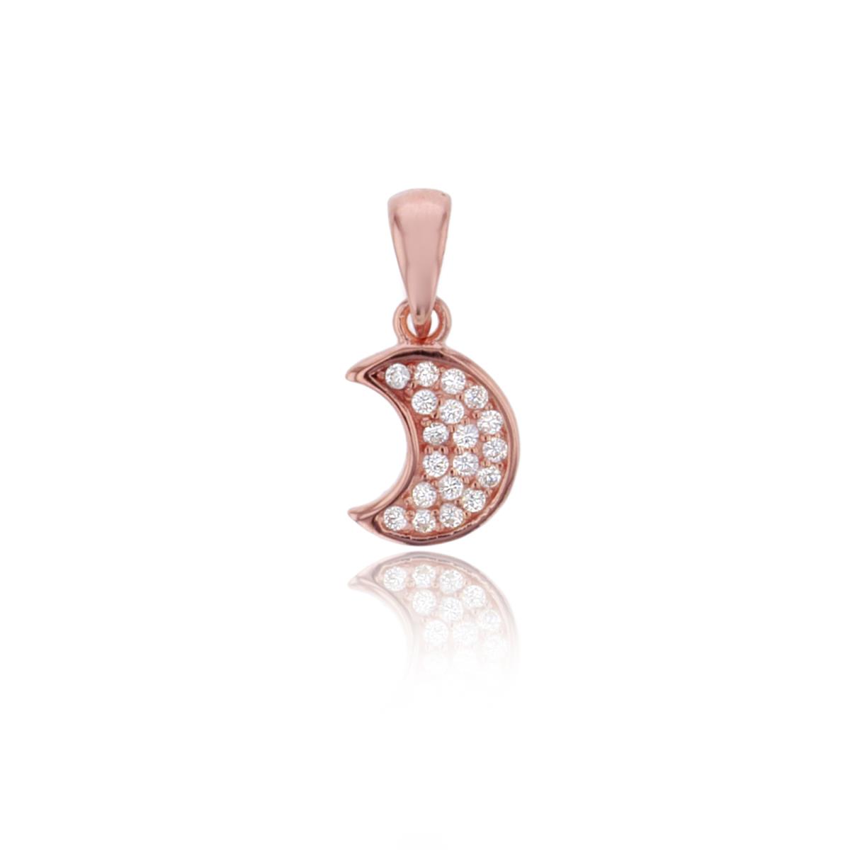 Sterling Silver 1Micron Rose Gold Rnd White CZ Micropave Moon Pendant