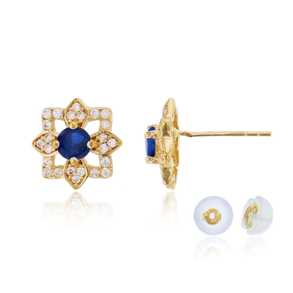10K Yellow Gold 3.75mm Sapphire Rd CZ Center Flower Stud Earring with Silicone Back