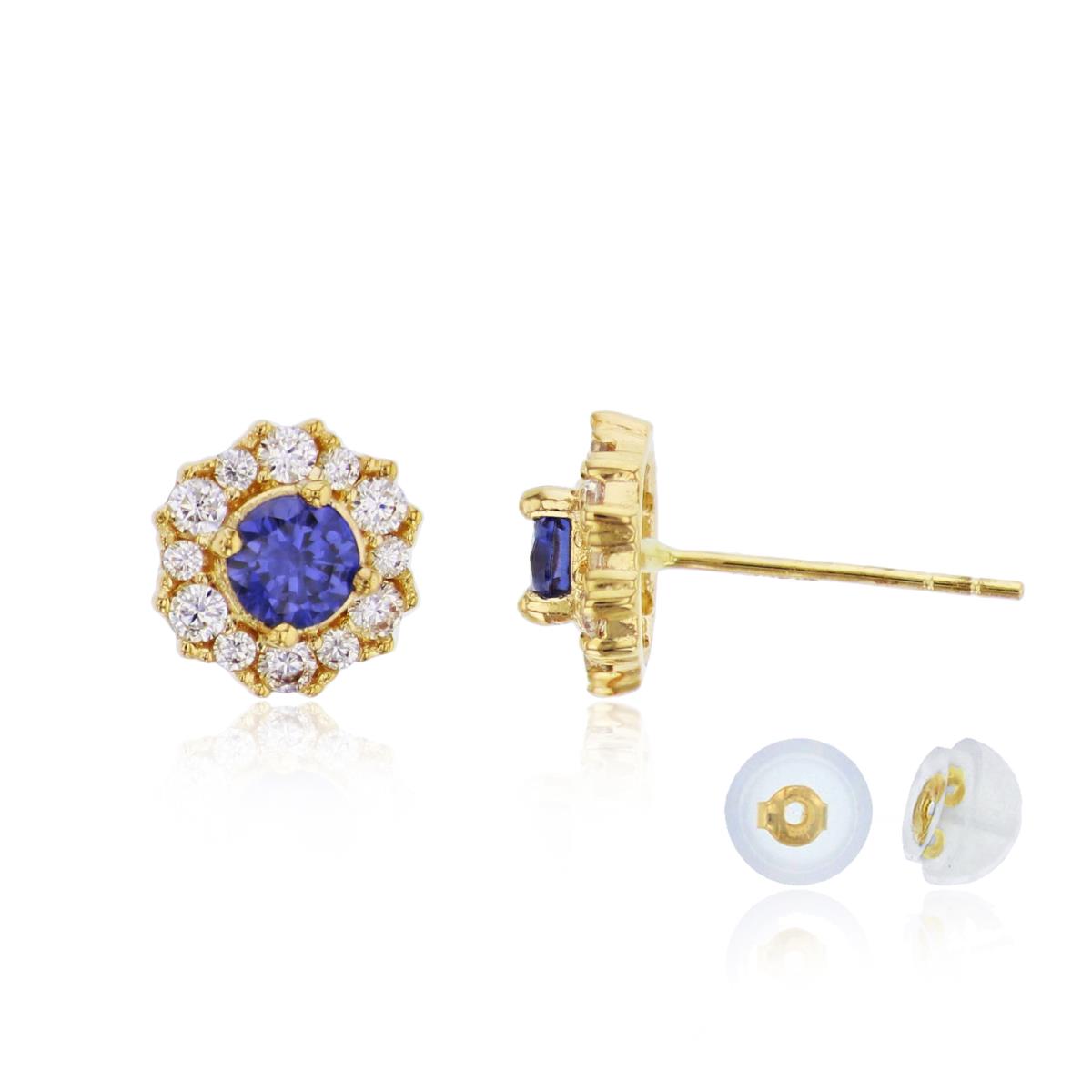 10K Yellow Gold 4mm Tanzanite Round Cut CZ Center Cluster Stud Earring with Silicone Back