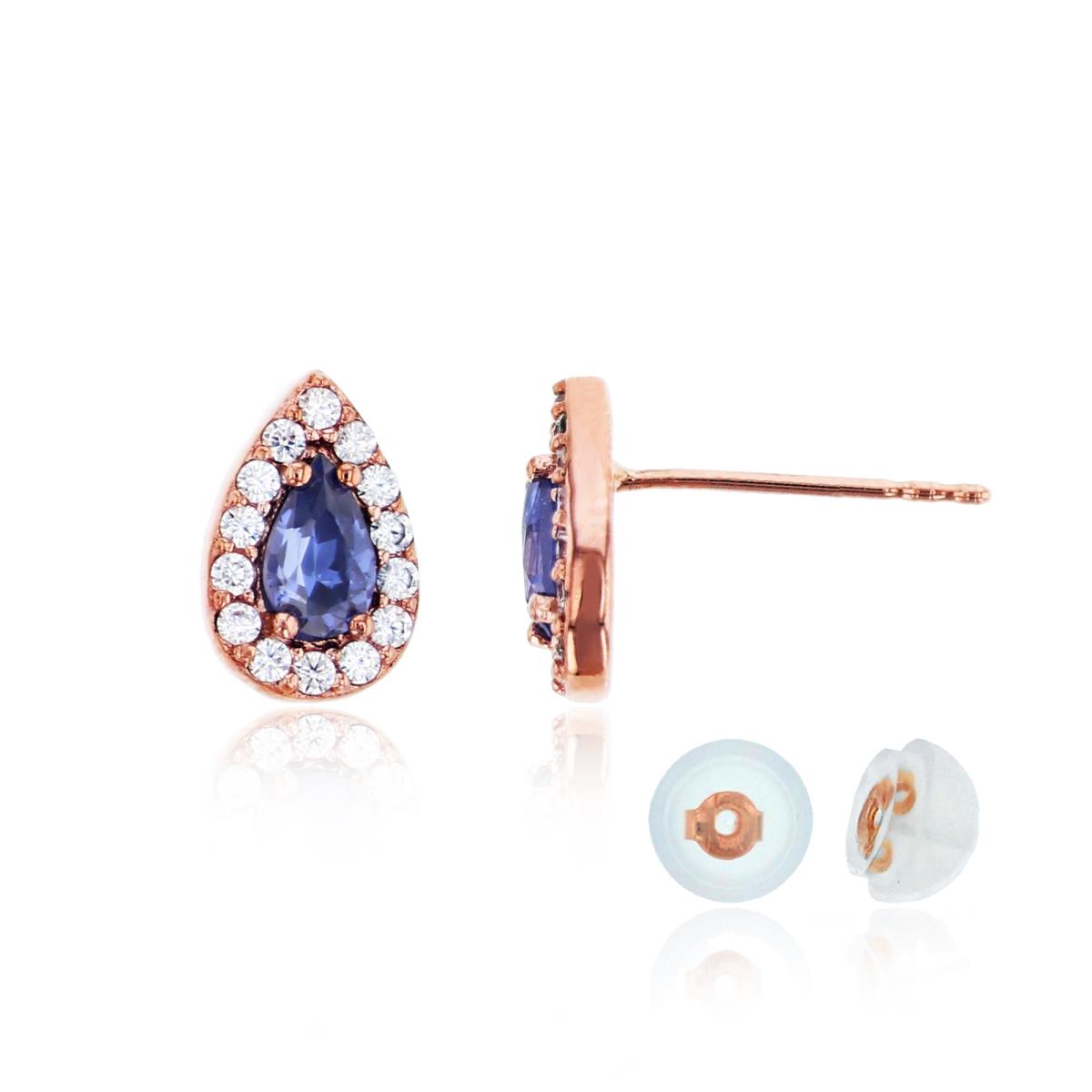 10K Rose Gold 5x3mm Tanzanite Pear Cut CZ Halo Stud Earring with Silicone Back