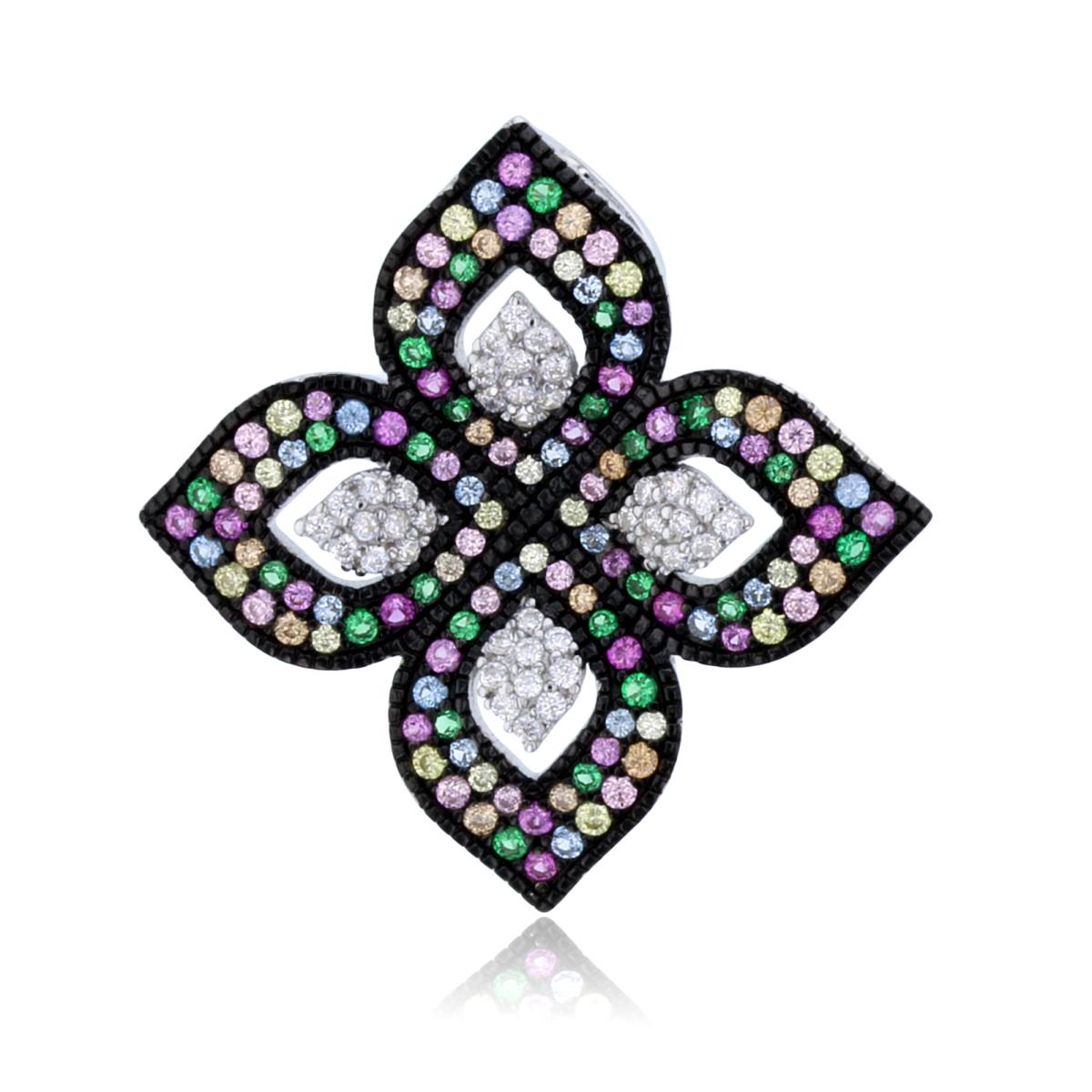 Sterling Silver Two-Tone Rnd Multicolor CZ Millgraine Clover Pendant