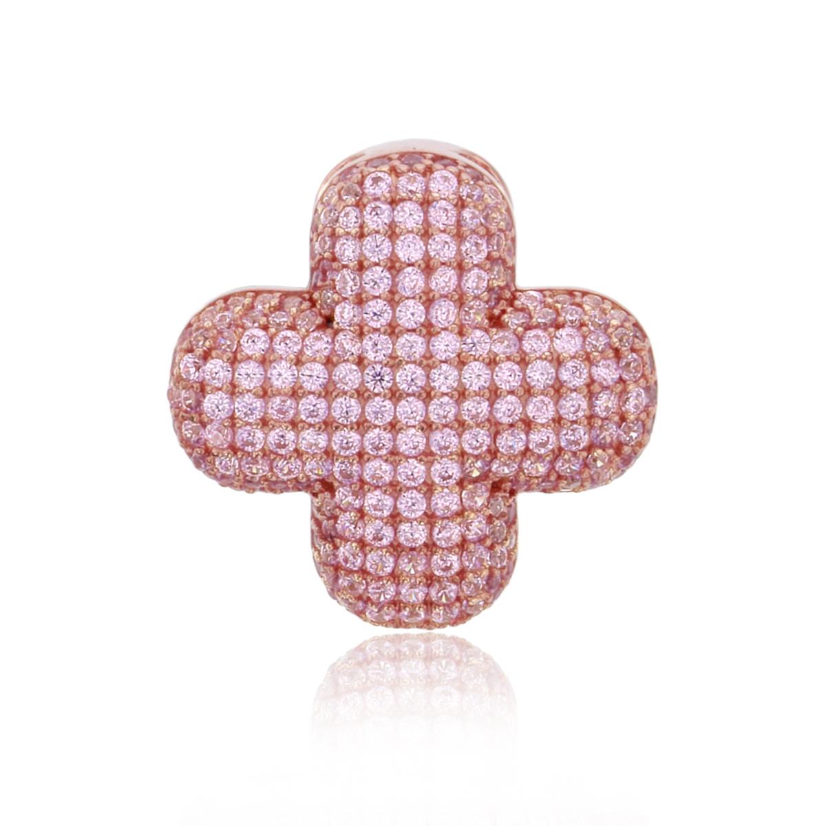 Sterling Silver Rose Rnd Pink CZ Micropave Puffy Cross Pendant