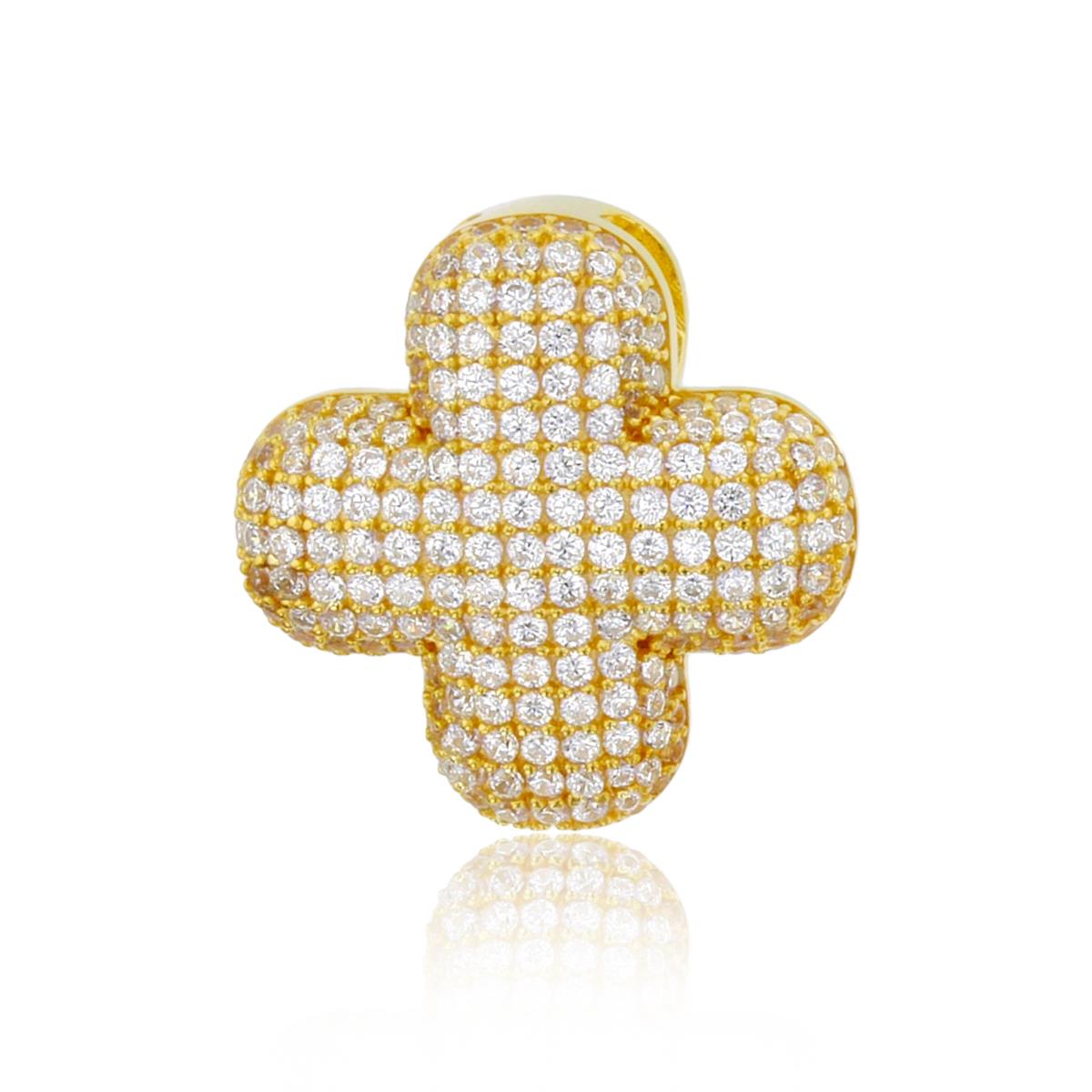 Sterling Silver 1Micron Yellow Gold Rnd White CZ Micropave Puffy Cross Pendant