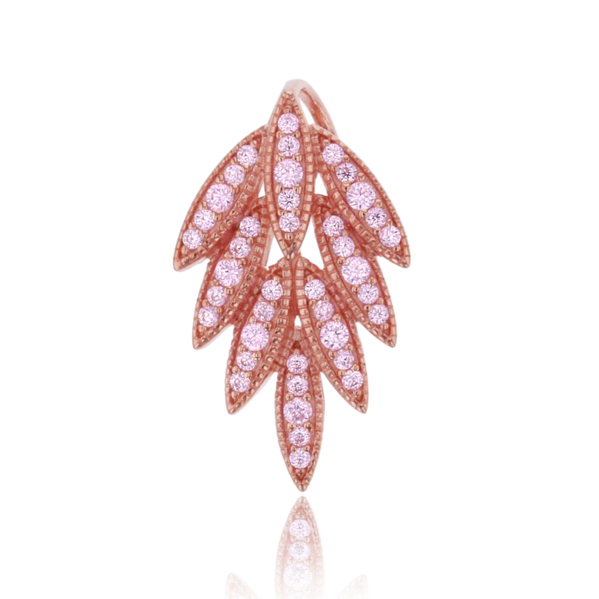 Sterling Silver 1Micron Rose Gold Rnd Pink CZ Millgraine Leaves Pendant