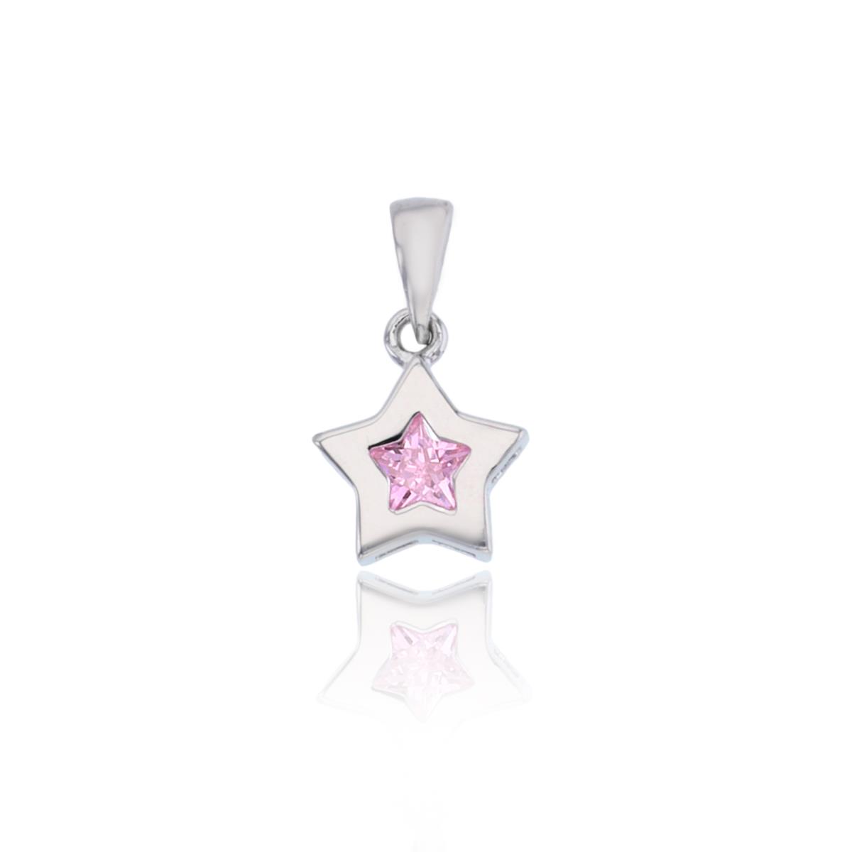 Sterling Silver Rhodium 5mm Star-shape Pink CZ Bezel Star Pendant