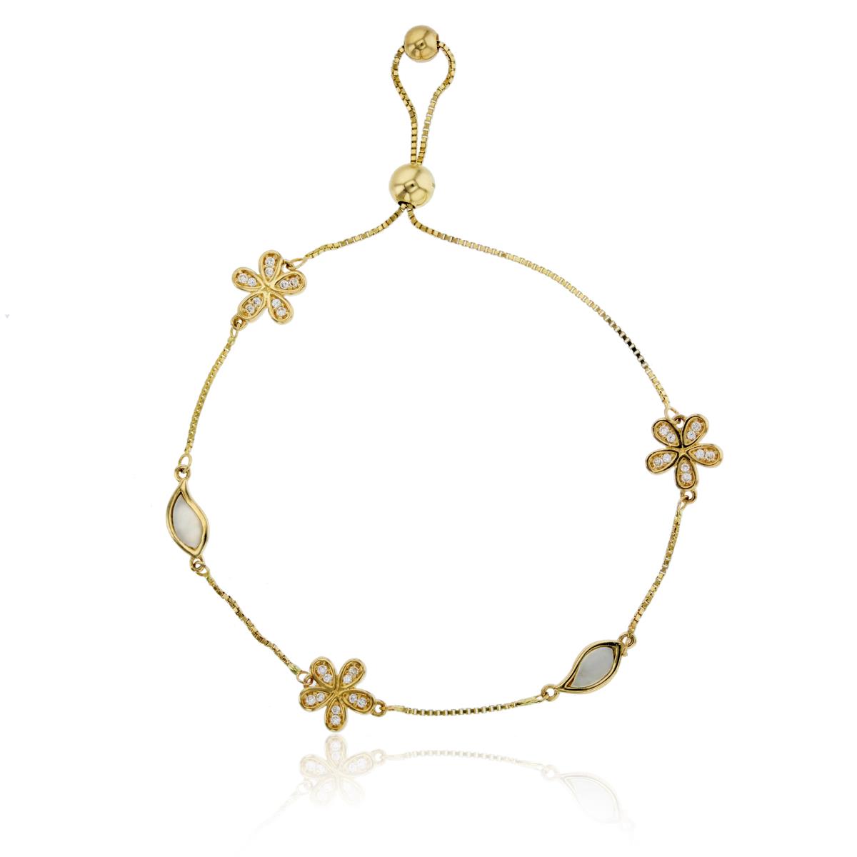 14K Yellow Gold Flower & Mother Of Pearl Teardrop Adjustable Bracelet