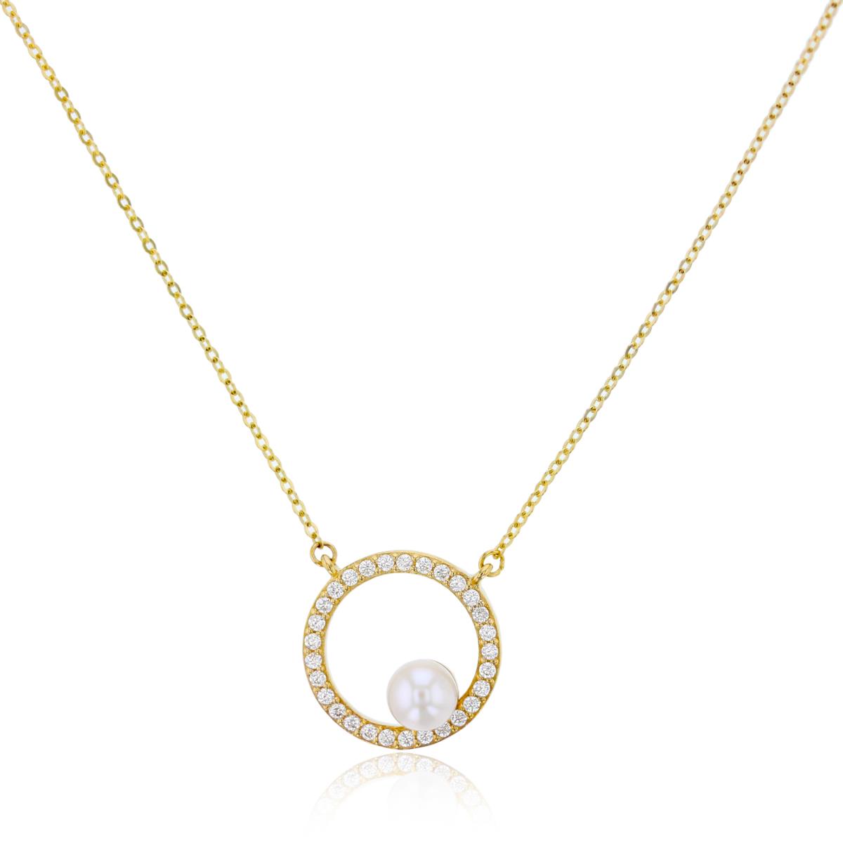 10K Yellow Gold 5mm Freshwater Pearl Open Paved Circle 17"+1" Necklace