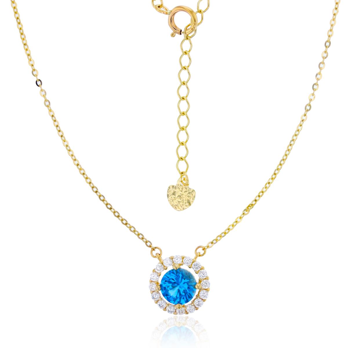 14K Yellow Gold 6mm London Blue Round Cut CZ Halo 17"+1" Necklace