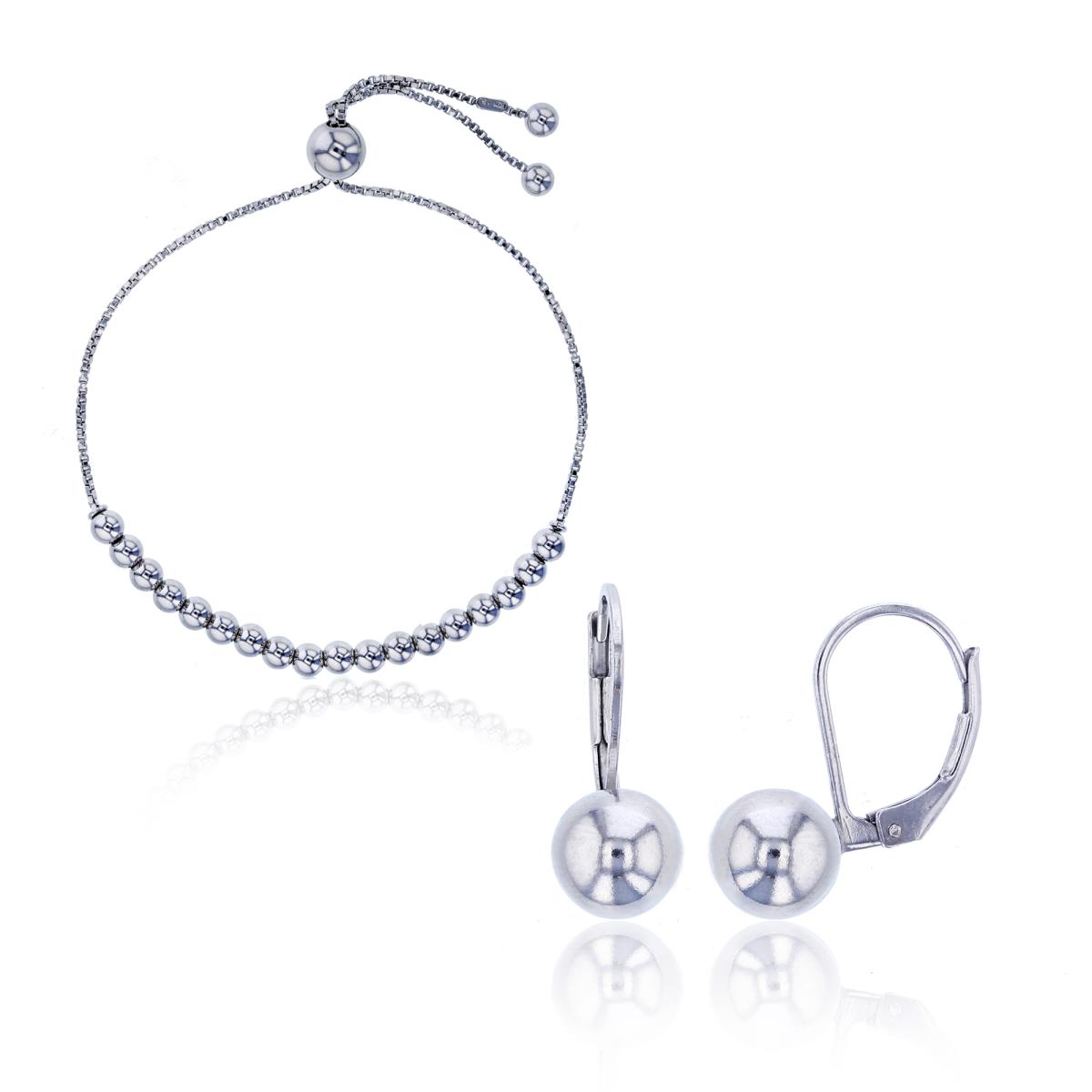 Sterling Silver Rhodium 4mm Adj Ball Bracelet & 8mm Ball Drop Leverback Earring Set