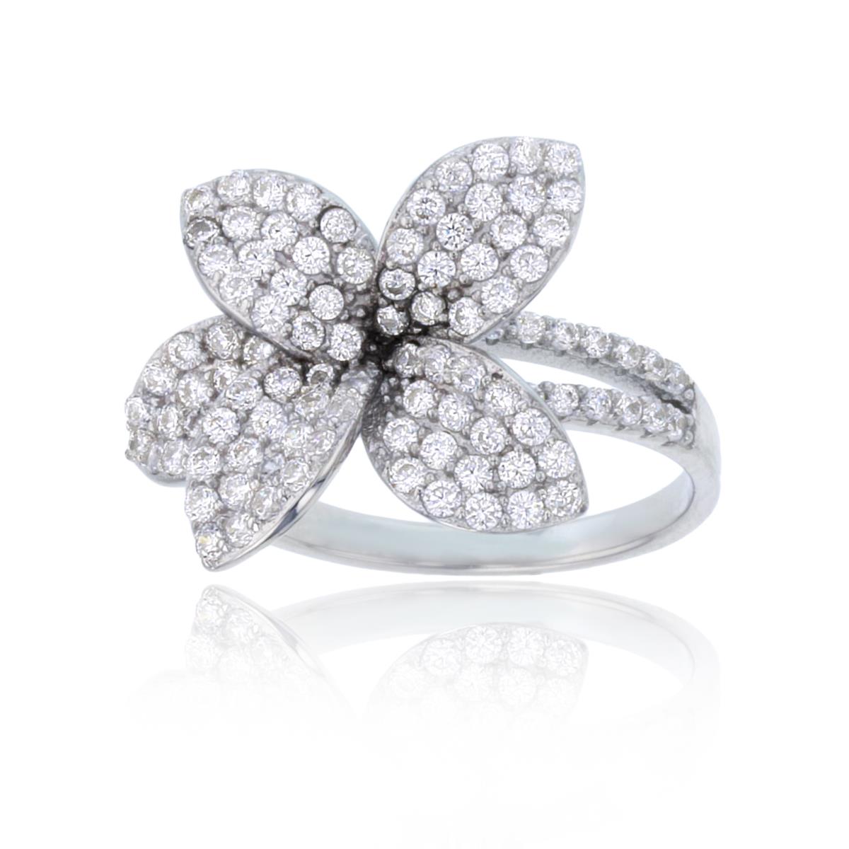 Sterling Silver Rhodium Rnd White CZ Micropave Leaves Ring