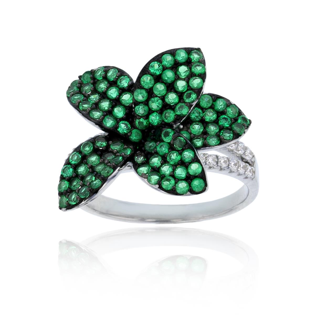 Sterling Silver Two-Tone Rnd Emerald & White CZ Micropave Leaves Ring