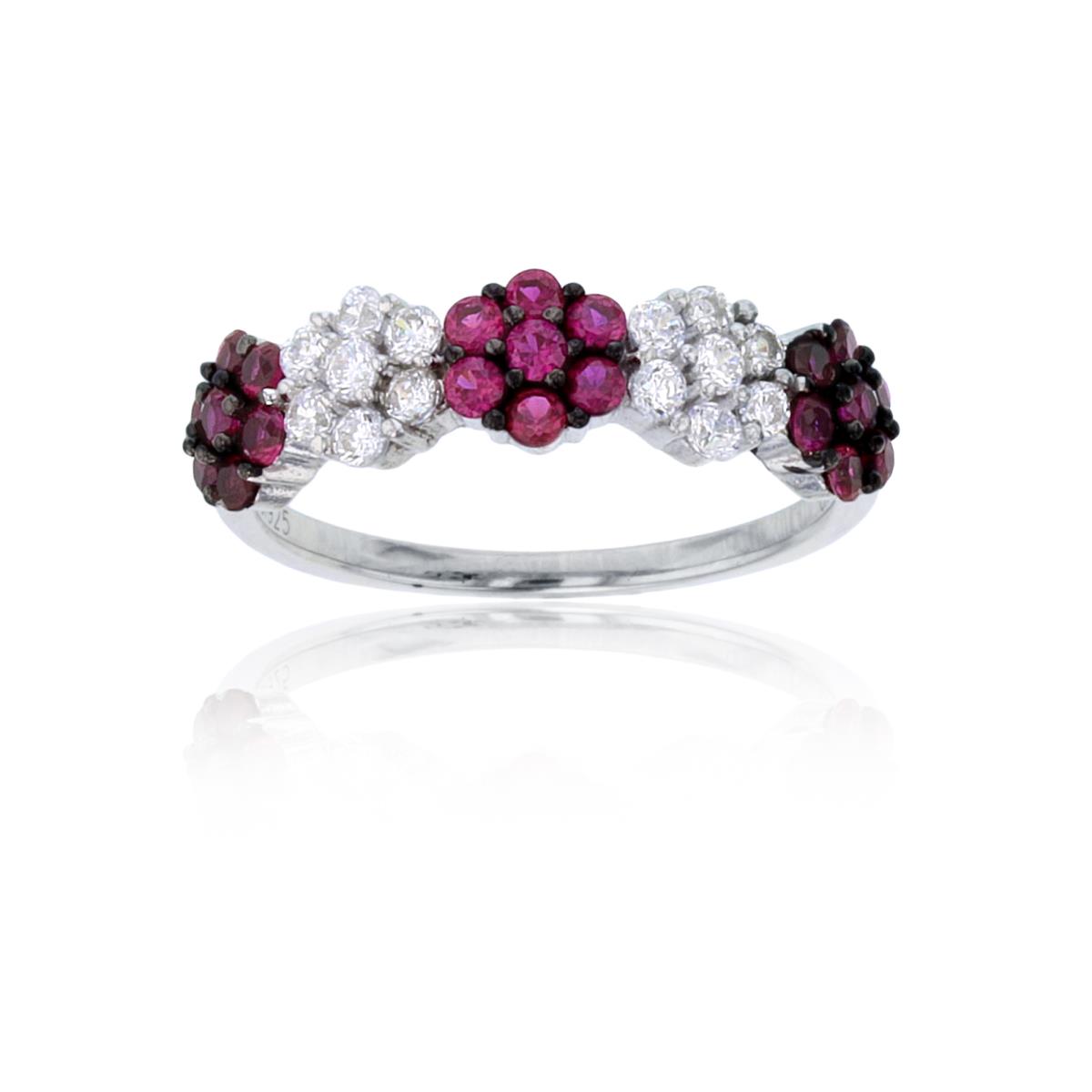Sterling Silver Two-Tone Alternate Rnd Ruby & White CZ Flowers Row Ring