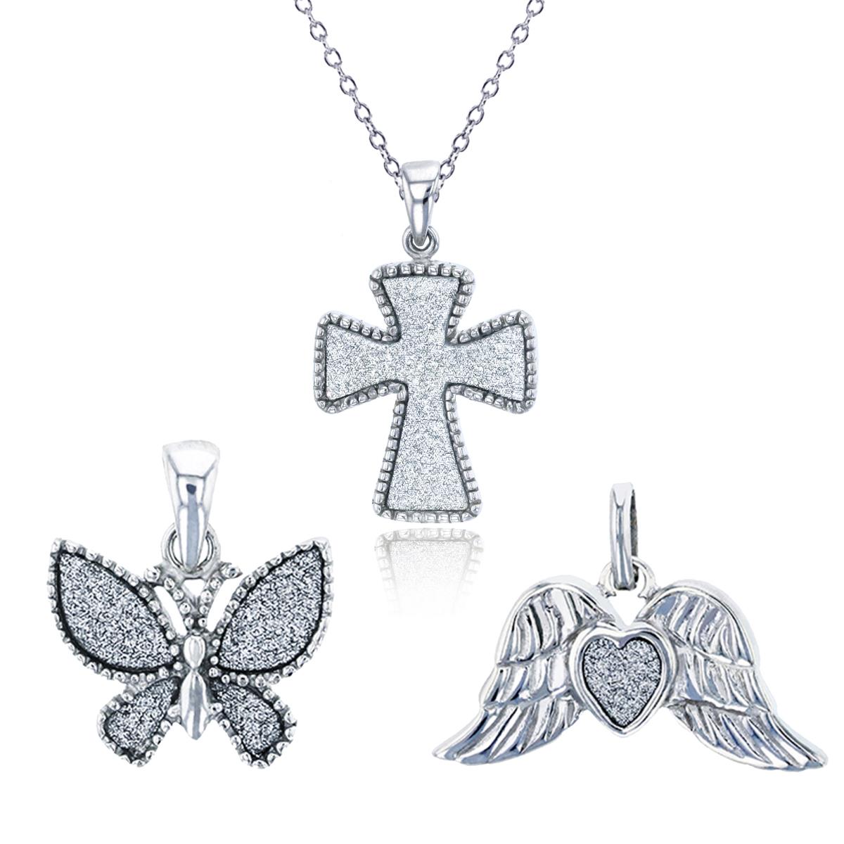 Sterling Silver Rhodium Glitter Butterfly, Cross & Winged Heart Set of 3 Pendants with 18" Rollo Chain