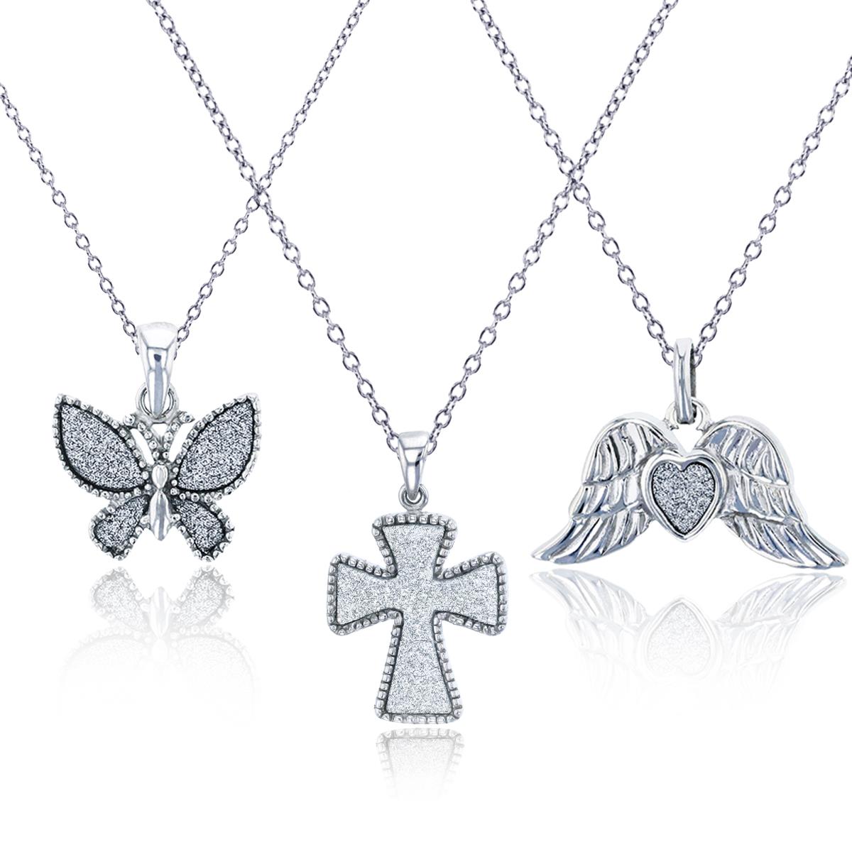 Sterling Silver Rhodium Glitter Butterfly, Cross & Winged Heart Set of 18" Necklaces