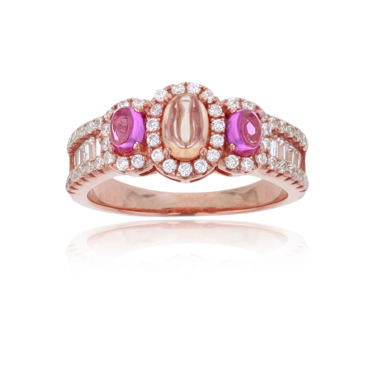 Sterling Silver 1Micron Rose Gold 3-Oval Cabochon Center & SB/Rnd Multicolor CZ on side Ring