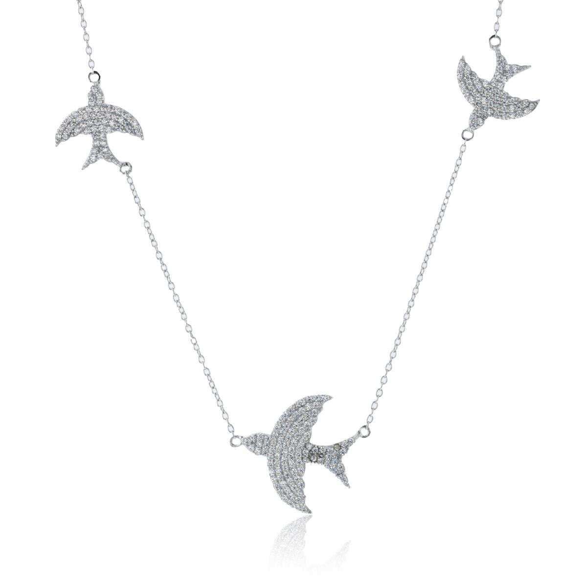 Sterling Silver Rhodium Rnd White CZ Micropave Doves Station 18"Necklace