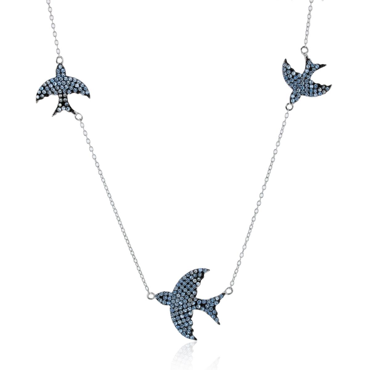 Sterling Silver Two-Tone Rnd #119 Blue Spinel CZ Micropave Doves Station 18"Necklace