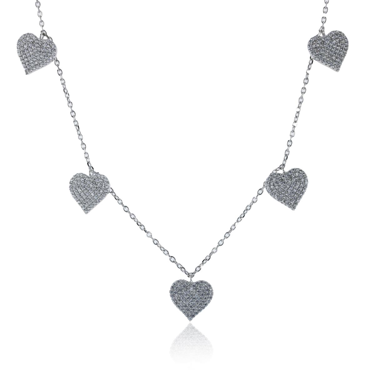 Sterling Silver Rhodium Rnd White CZ Micropave Hearts Station 16"+2"ext Necklace