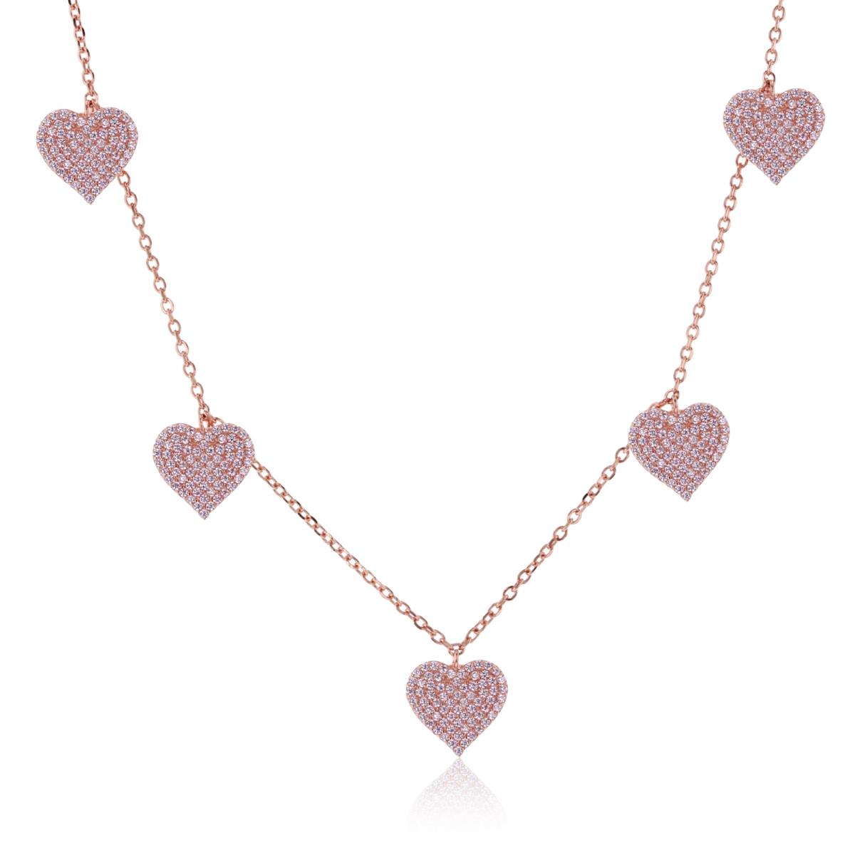 Sterling Silver 1Micron Rose Gold Rnd Pink CZ Micropave Hearts Station 16"+2"ext Necklace
