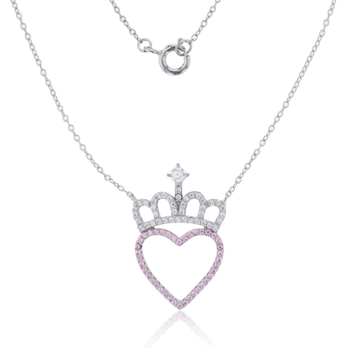 Sterling Silver Rhodium Rnd White CZ Crown & Rnd Pink CZ Heart 18"Necklace