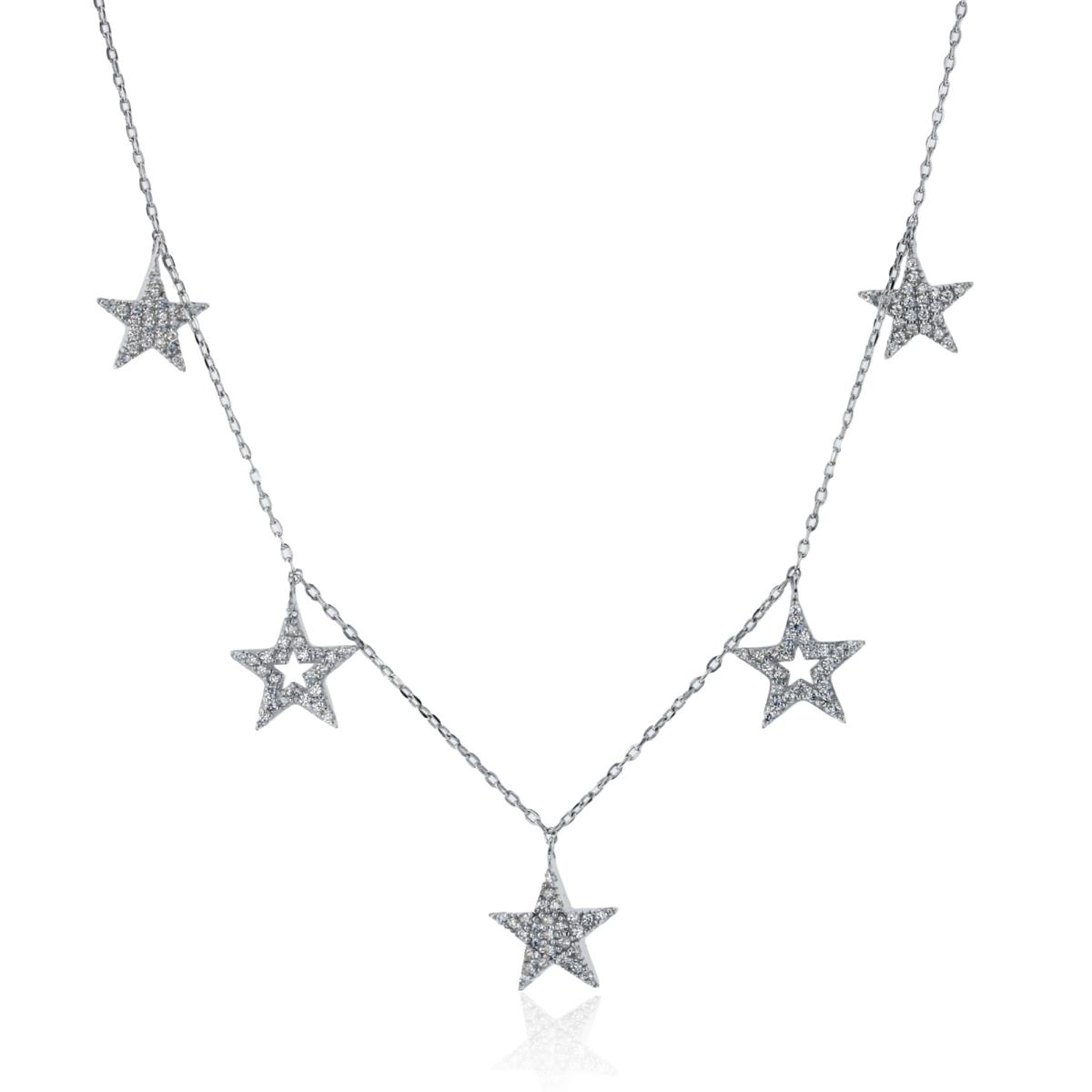 Sterling Silver Rhodium Rnd White CZ Stars Station 16"+2"ext Necklace