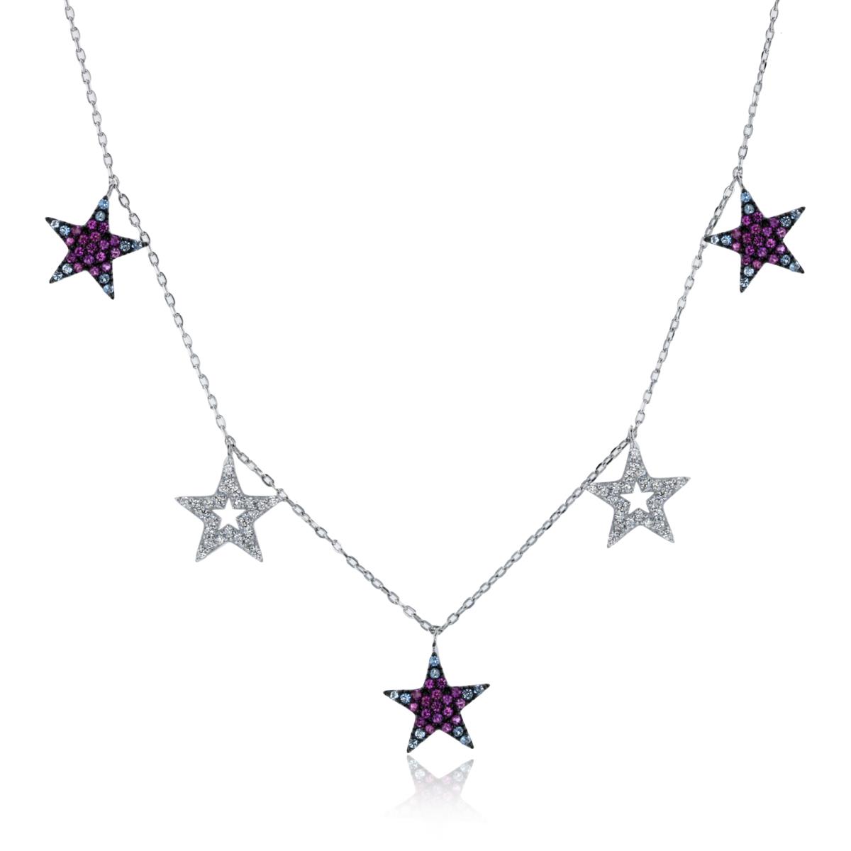 Sterling Silver Two-Tone Rnd White /Blue Spinel & Ruby CZ Stars Station 16"+2"ext Necklace