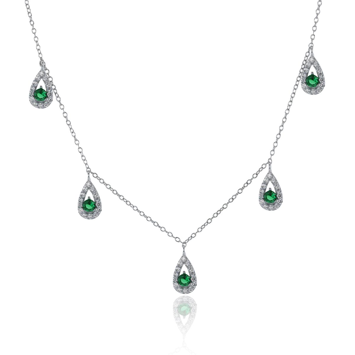 Sterling Silver Rhodium Rnd Emerald & White CZ  PS-Drops Station16"+2"ext Necklace