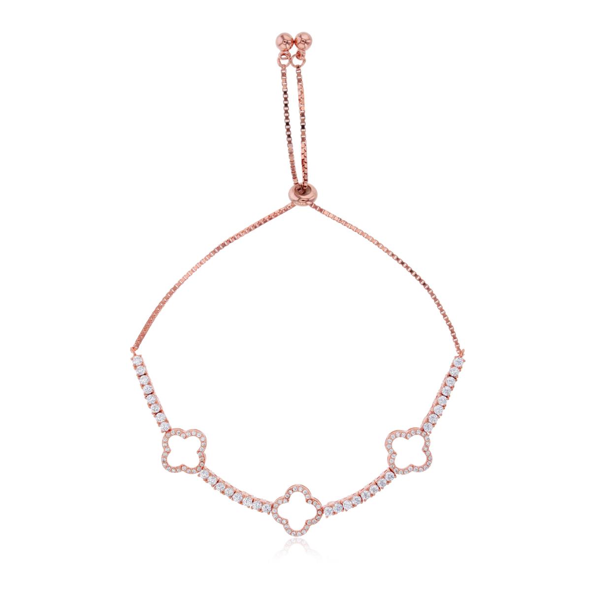 Sterling Silver 1Micron Rose Gold White CZ Alternate Flower/Bar Adjustable Bolo Bracelet